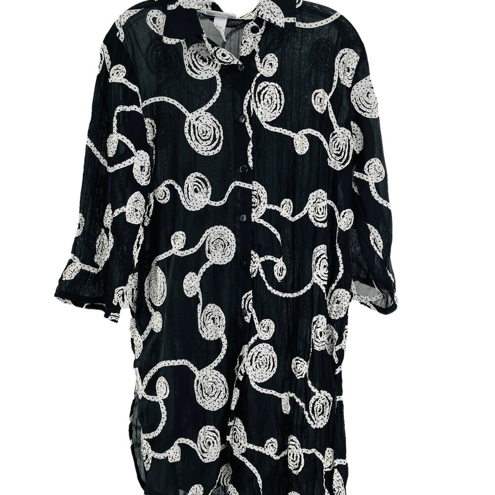 Vintage CZ Cover-Ups Black Sheer White Ribbon Embellish Swim Cover Up M